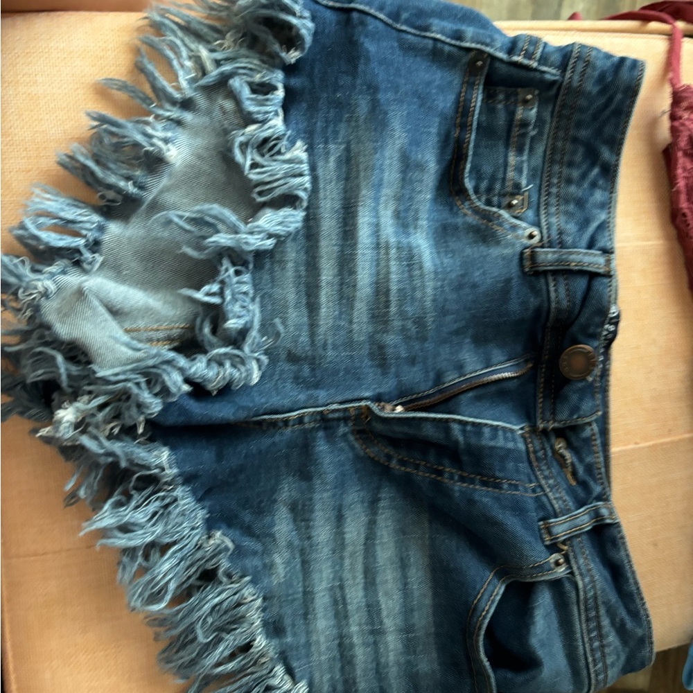 Boom Boom Jeans Distressed Blue Denim Fringe Hem Shorts